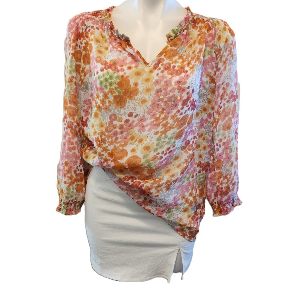 ❤️ 4/$20 Charter Club peasant top Women's medium Multicolor floral Sequins sheer